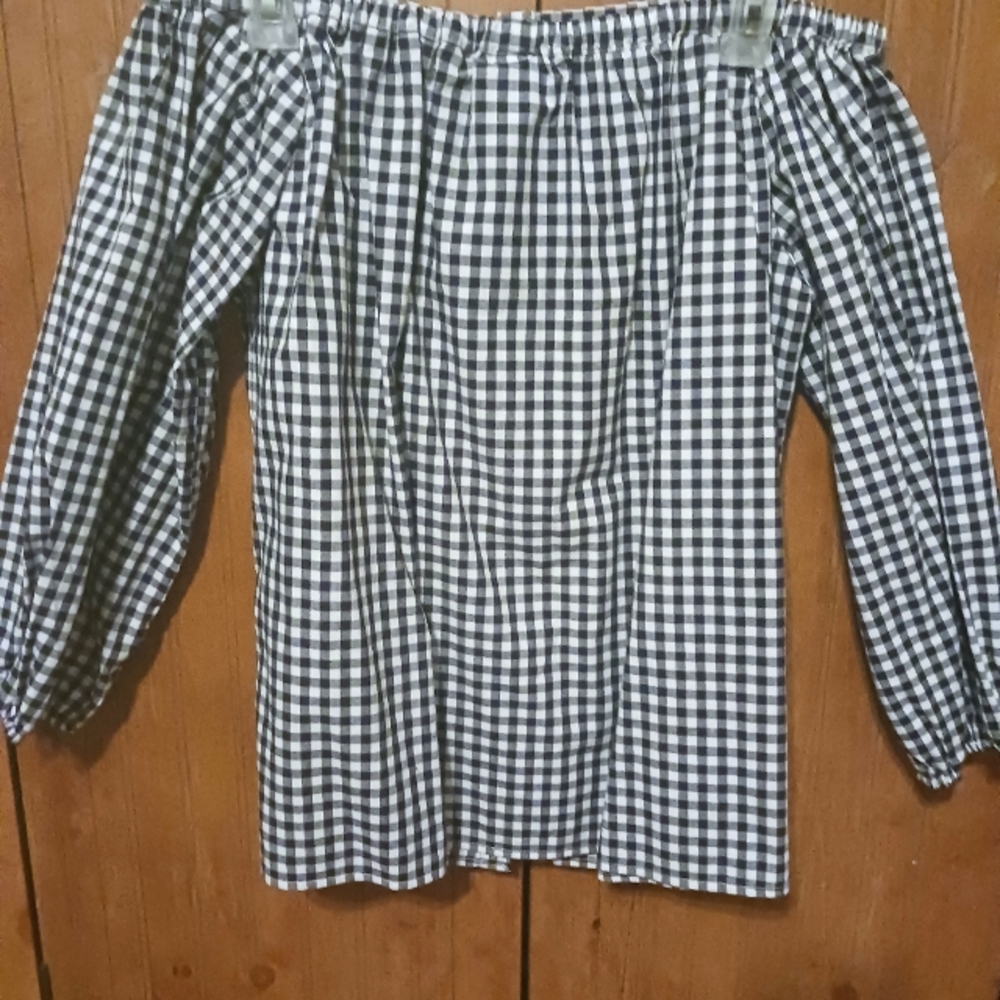 MERONA WOMENS NAVY BLUE CHECKERED  ON/OFF SHOULDER TOP SIZE M